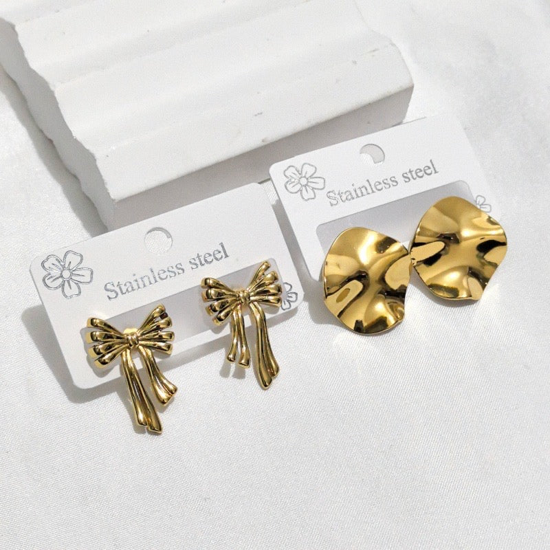 304 Stainless steel triangle Pentagram Flower Electroplating Stone Free Golden Plated Elegant Style Waterproof Non-Tarnish Ear Studs