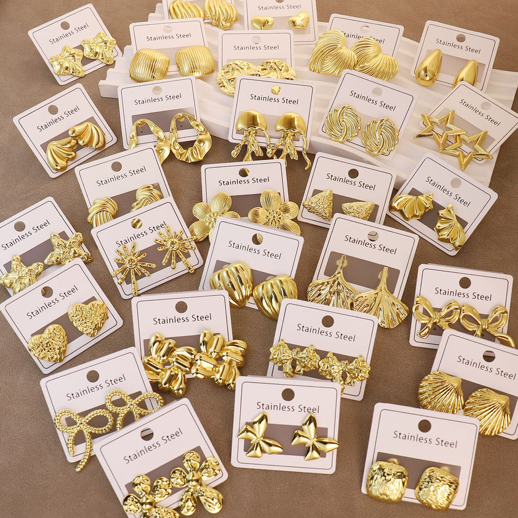 304 Stainless steel triangle Pentagram Flower Electroplating Stone Free Golden Plated Elegant Style Waterproof Non-Tarnish Ear Studs