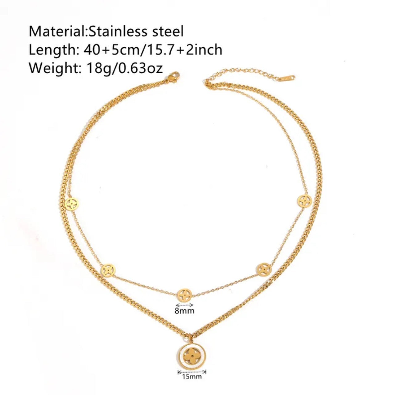 304 Stainless steel Double Layer Chain Vacuum Electroplating (In Furnace) Plated 18K Real Gold Flower , Hollow Versatile Light Luxury Small Flower Shell Necklace For Women