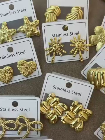 304 Stainless steel triangle Pentagram Flower Electroplating Stone Free Golden Plated Elegant Style Waterproof Non-Tarnish Ear Studs